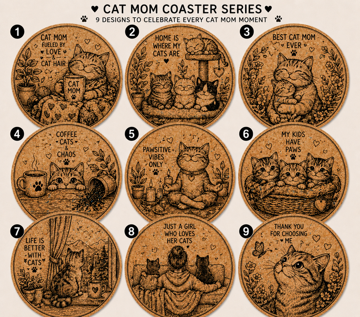 Cat Mom Cork Coaster Collection – Mix & Match Your Favorite Designs