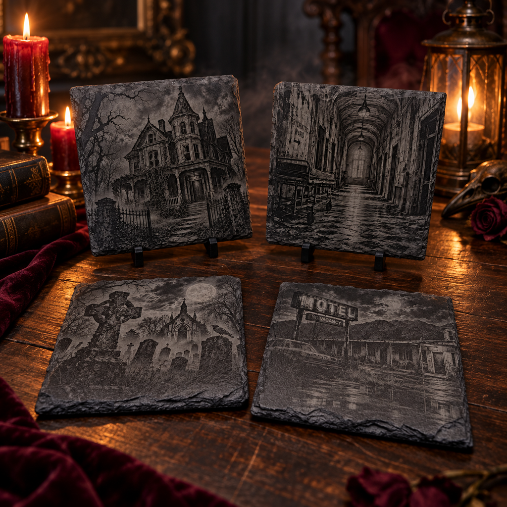 Haunted Places Slate Coaster Set – 4 Piece Gothic Collection