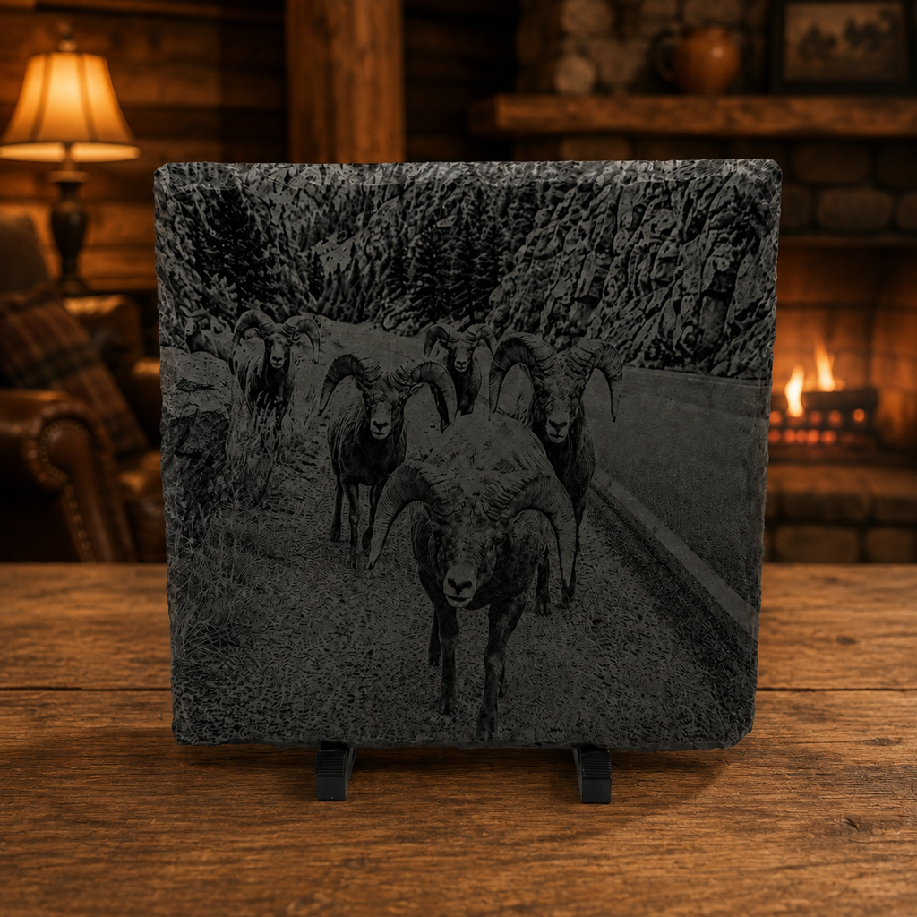 Engraved Bighorn Sheep Slate Coaster Set – 4 Piece Wildlife Collection