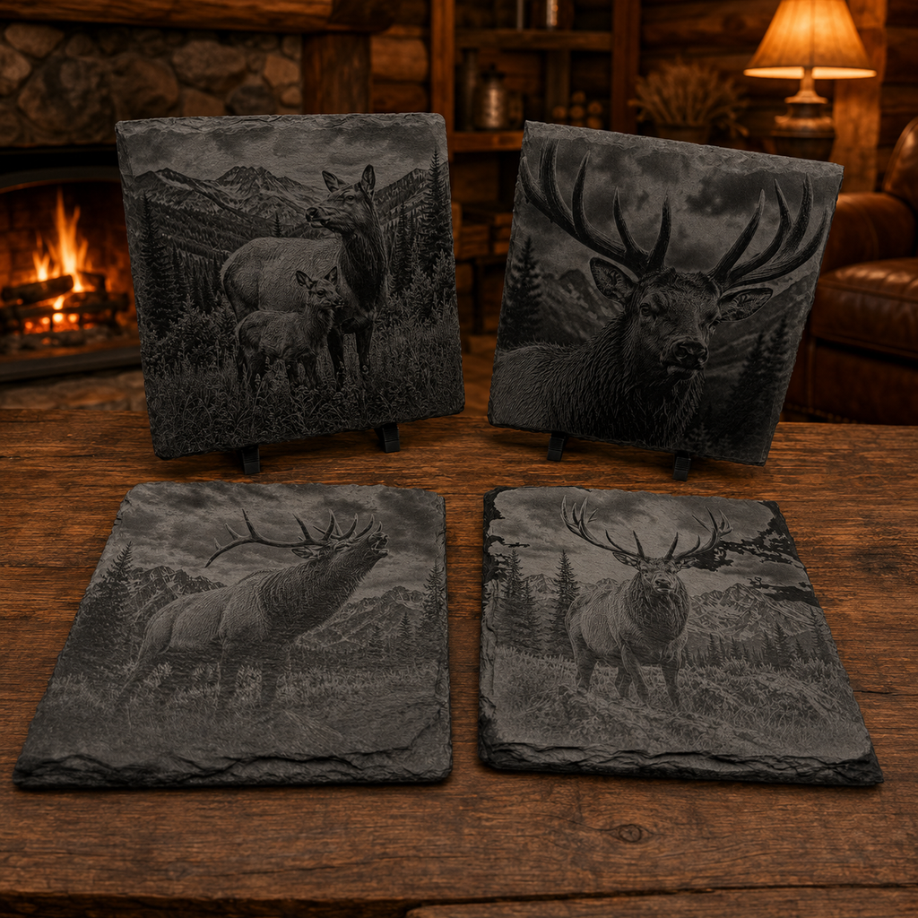 Engraved Elk Slate Coaster Set – 4 Piece Wildlife Collection