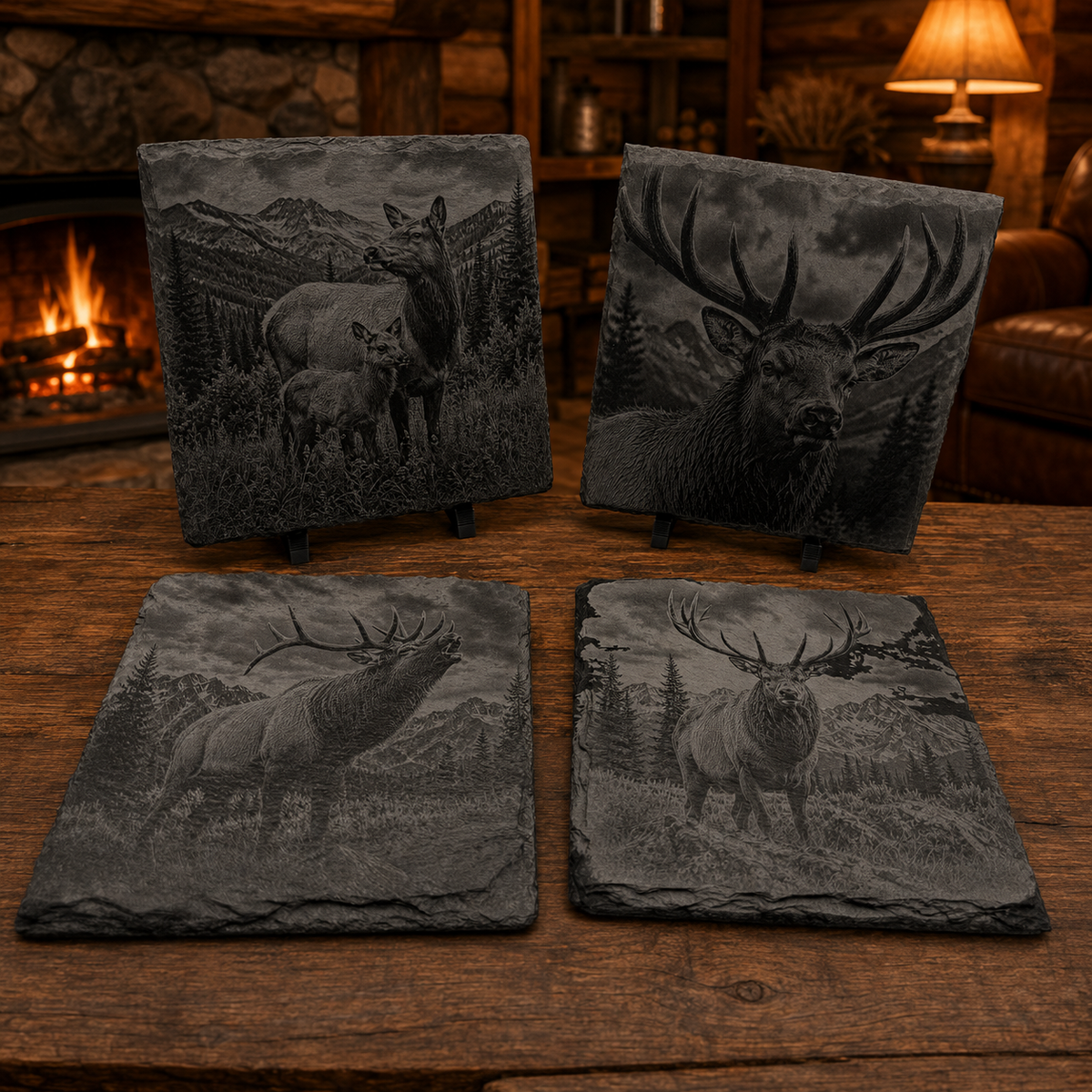 Engraved Elk Slate Coaster Set – 4 Piece Wildlife Collection