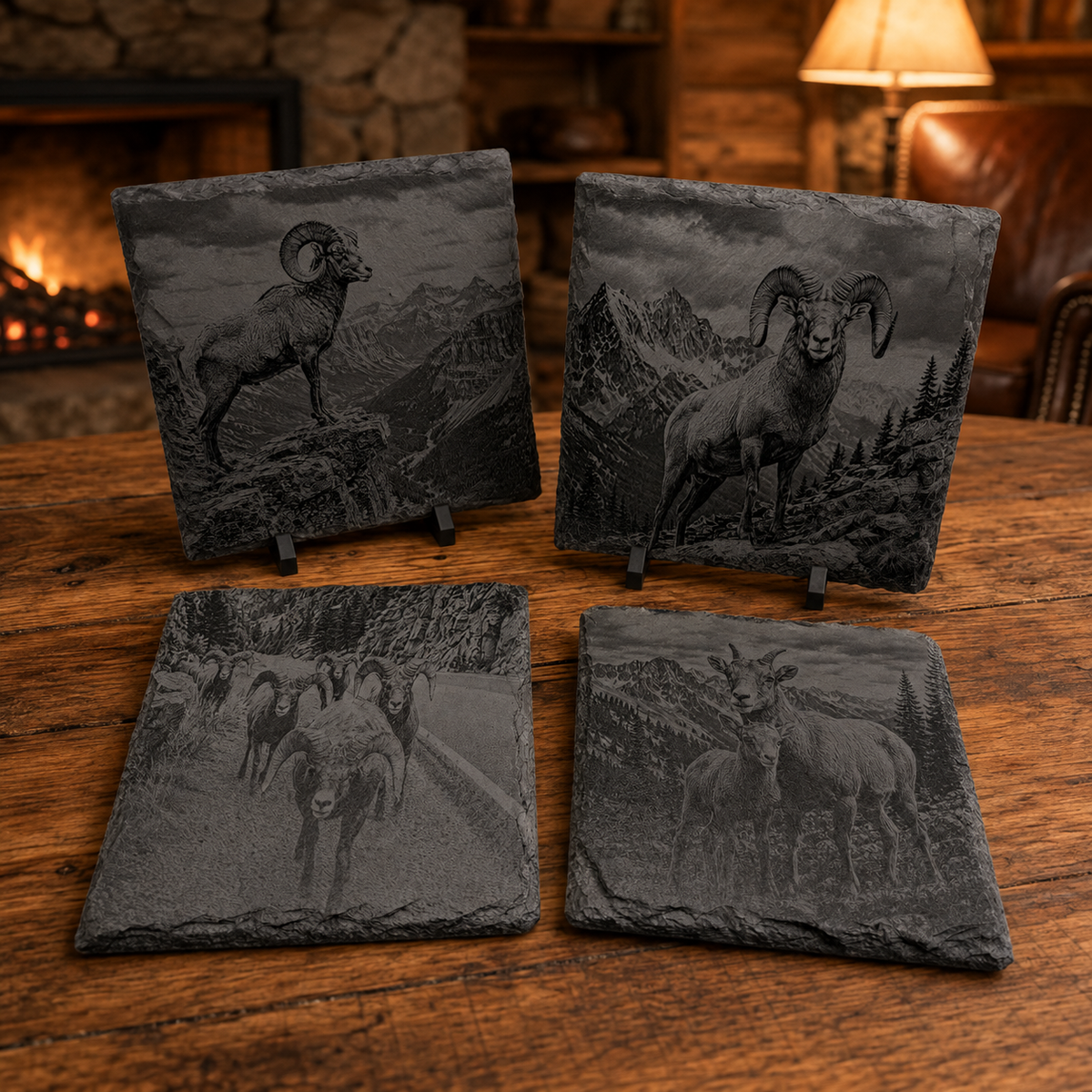 Engraved Bighorn Sheep Slate Coaster Set – 4 Piece Wildlife Collection