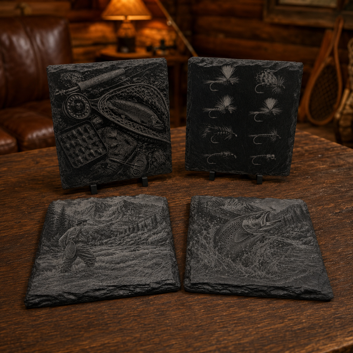 Engraved Fly-Fishing Slate Coaster Set – 4 Piece Outdoor Collection