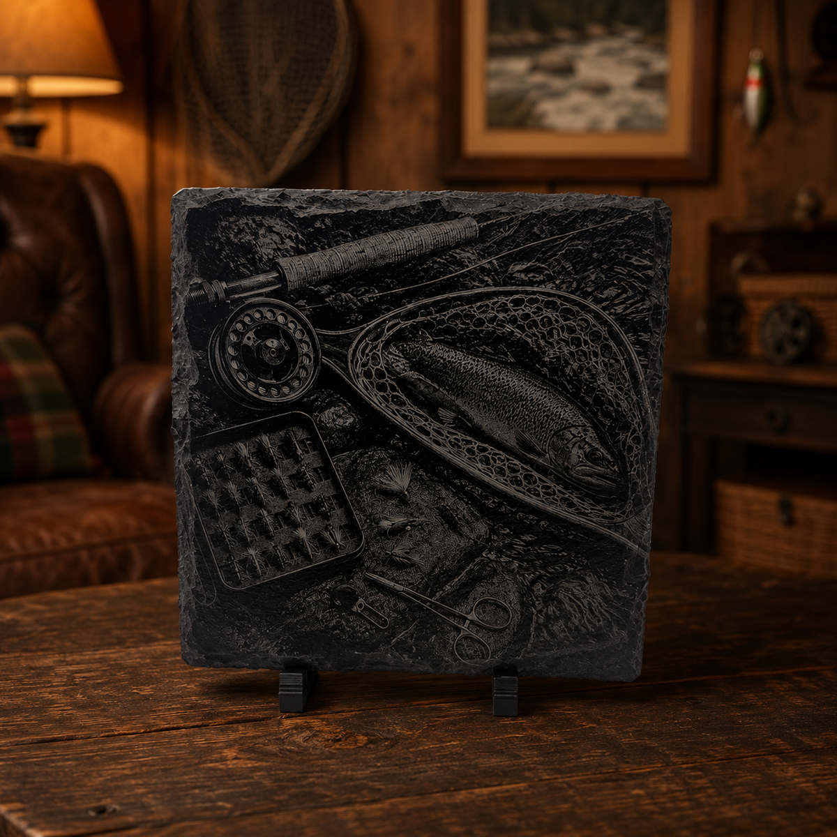 Engraved Fly-Fishing Slate Coaster Set – 4 Piece Outdoor Collection