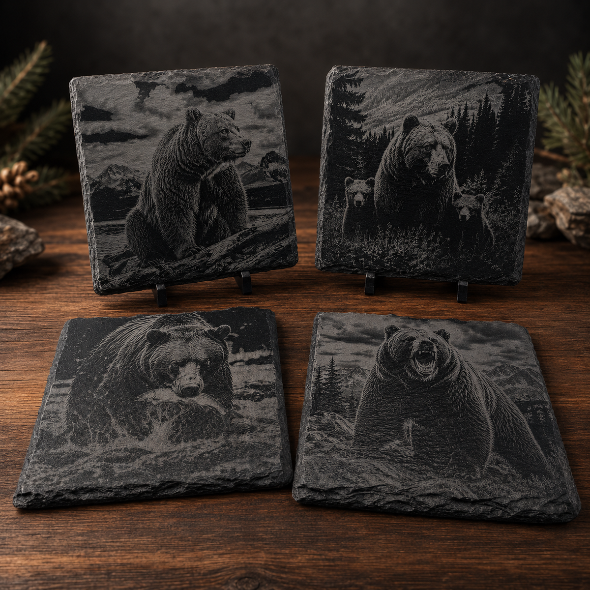 Wild Bear Slate Coaster Set – Laser-Engraved Wildlife Decor
