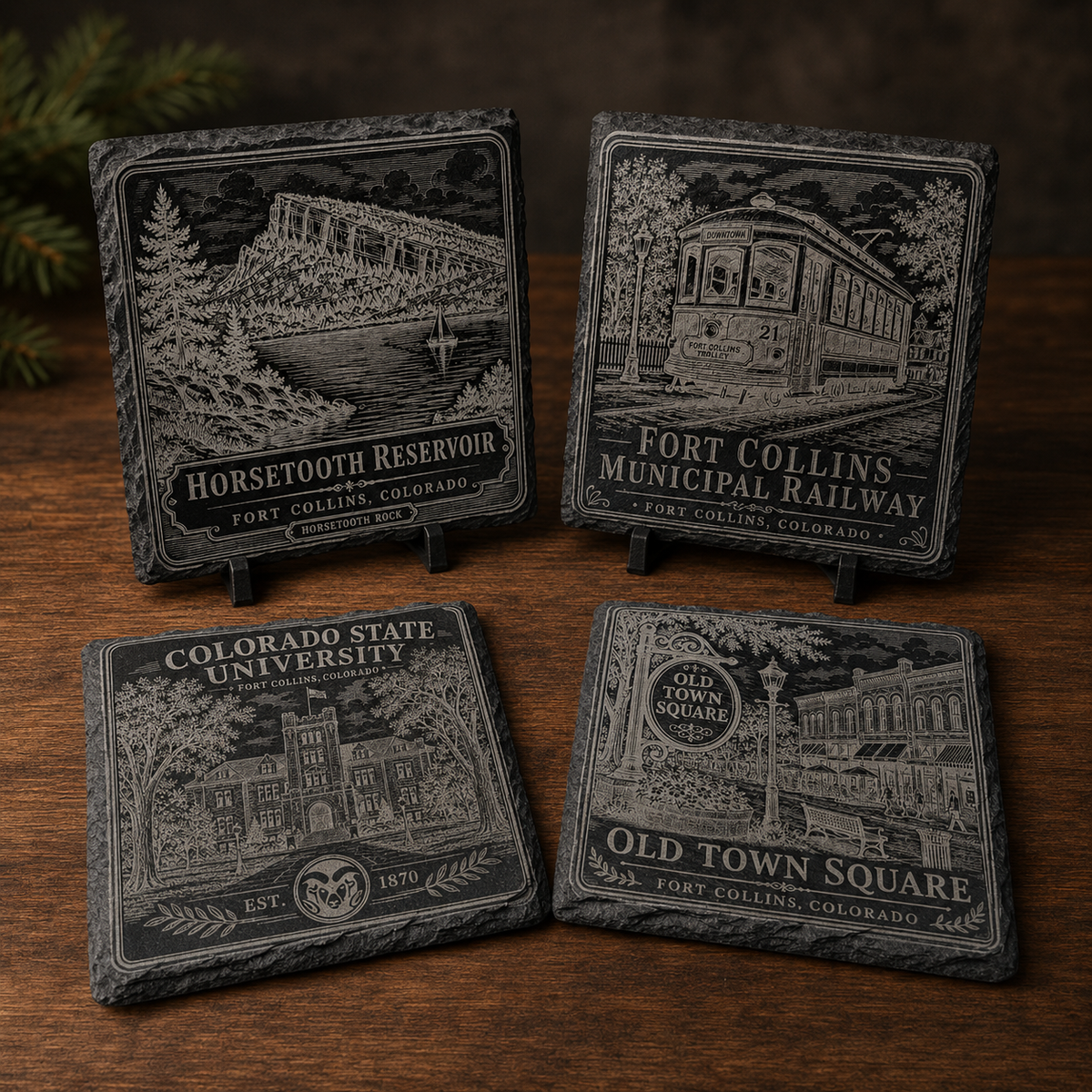 Fort Collins, Colorado Landmark Slate Coaster Set