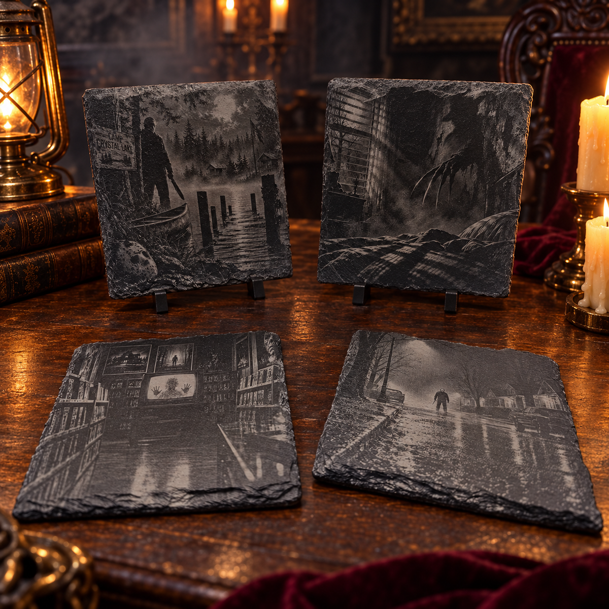 Horror Movie Night Slate Coaster Set – 4 Piece Nightmare Collection
