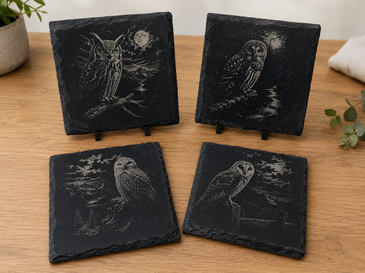 Night Owl Slate Coaster Set – Laser Engraved Owl Collection