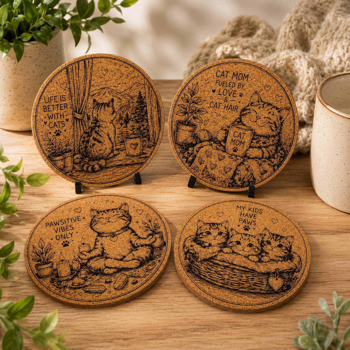 Cat Mom Cork Coaster Collection – Mix & Match Your Favorite Designs