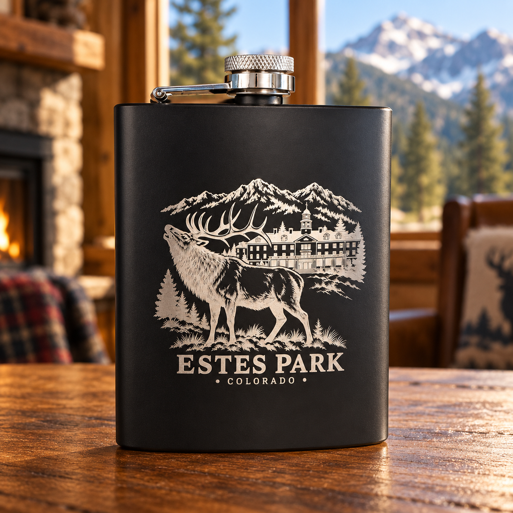 Estes Park Elk & Stanley Hotel Engraved Flask – 8 oz