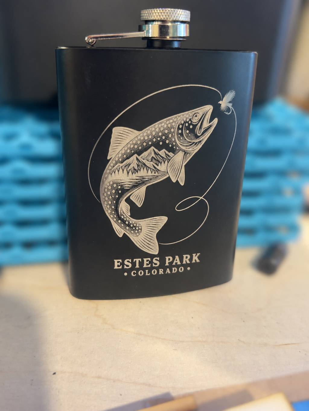 Estes Park Trout & Fly Engraved Flask – 8 oz