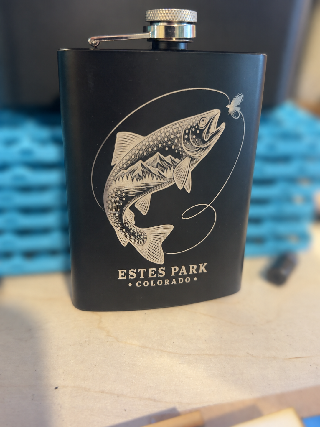 Estes Park Trout & Fly Engraved Flask – 8 oz